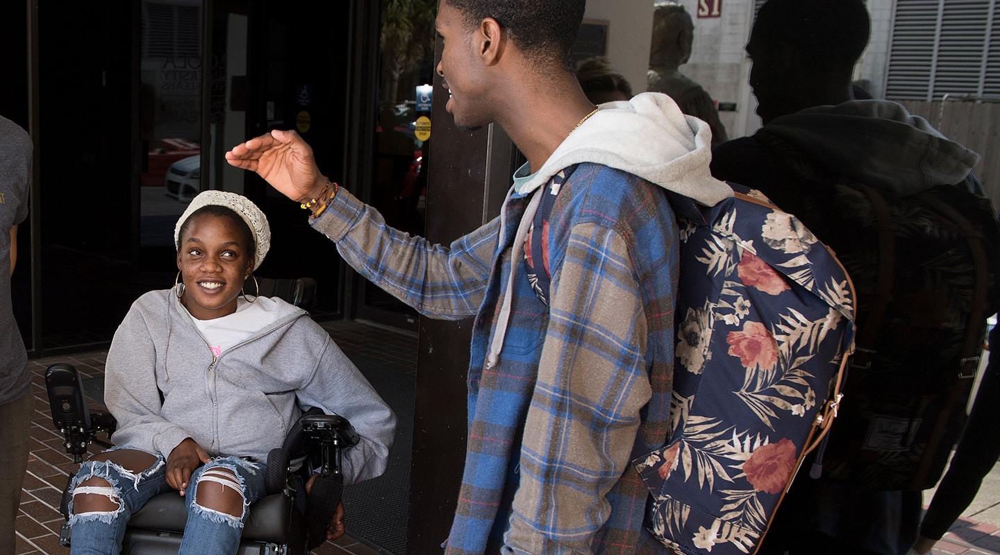 Loyola Law students talking outside of class
