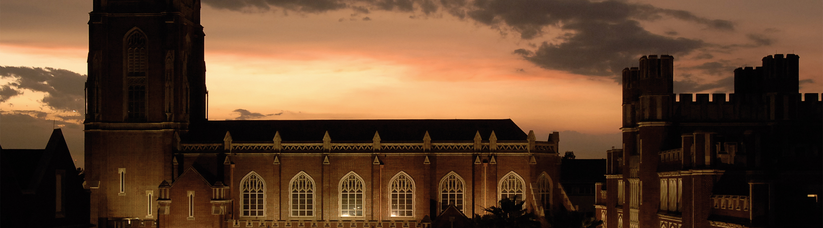 Campus buildings at sunset