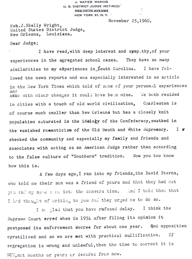 Letter from Judge Waring to Judge Wright Page 1
